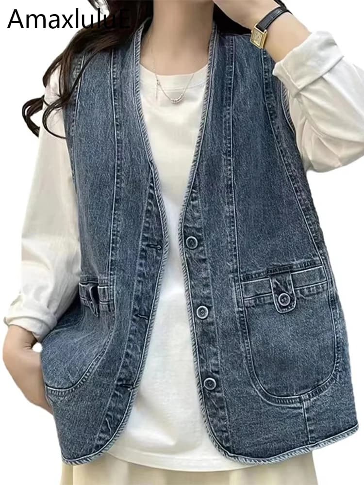 AmaxluluE 2025 Summer Womens Fashion Denim Vests Ladies Korean Casual Loose V Neck Sleeveless Clothes Classic Vintage Waistcoats
