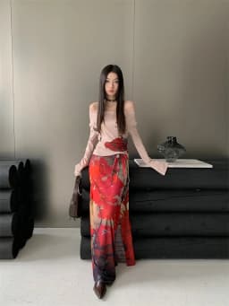 CHEERART Vintage Red Mesh Long Skirts For Woman Lace Up Wrap Maxi Skirt Japanese Fashion Luxury Designer Women Clothing