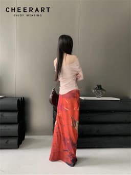 CHEERART Vintage Red Mesh Long Skirts For Woman Lace Up Wrap Maxi Skirt Japanese Fashion Luxury Designer Women Clothing