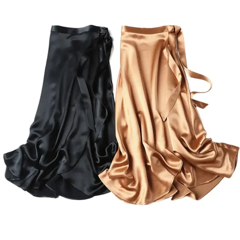 2026 Summer Lace-up One Piece Long Skirts High Waist A-Line Skirts Autumn Office Ladies Black Silk Satin Long Skirts Vestidos