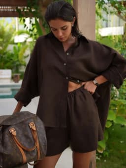 Bornladies Shorts Sets 100% Cotton Cozy Lapel Lantern Sleeve Shirt Summer Outfit Elastic Waist Shorts Ensemble Femme 2 Pièces