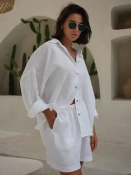 Bornladies Shorts Sets 100% Cotton Cozy Lapel Lantern Sleeve Shirt Summer Outfit Elastic Waist Shorts Ensemble Femme 2 Pièces