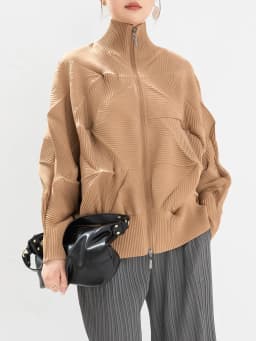 Miyake Pleated Coat High-end Fashion Temperament Women's 2024 New Handmade Flower Bud Bat Sleeve Zipper Cardigan Top