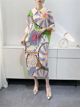 Miyake Pleated Women's Dresses Mid-length Printed Dresses Loose Plus Size Bat Sleeve Fashion Casual Skirts 2024 Early Spring New