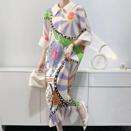 Miyake Pleated Women's Dresses Mid-length Printed Dresses Loose Plus Size Bat Sleeve Fashion Casual Skirts 2024 Early Spring New