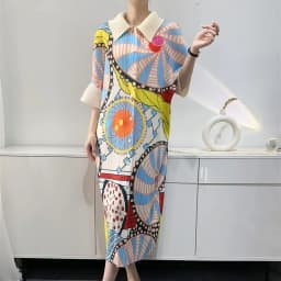 Miyake Pleated Women's Dresses Mid-length Printed Dresses Loose Plus Size Bat Sleeve Fashion Casual Skirts 2024 Early Spring New