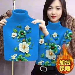 Half High Collar Bottoming Shirt For Women Autumn Winter Plush Warm Pullover Middle-aged Mother Add Velvet Print Tops T-Shirt