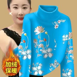 Half High Collar Bottoming Shirt For Women Autumn Winter Plush Warm Pullover Middle-aged Mother Add Velvet Print Tops T-Shirt