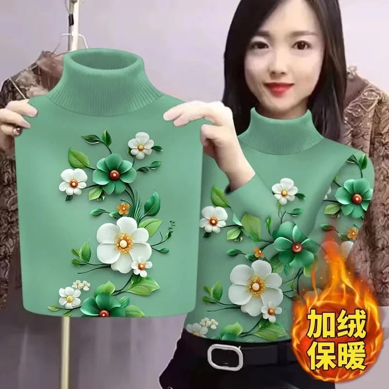 Half High Collar Bottoming Shirt For Women Autumn Winter Plush Warm Pullover Middle-aged Mother Add Velvet Print Tops T-Shirt