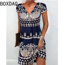 3D Vintage Elegant Ethnic Style Printed Dress Oversized Short Sleeve V-Neck Casual A-Line Knee-length Dress Vestidos
