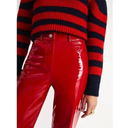 Shiny Red Patent Leather Straight Pants Women High Waist PVC Slim Trousers Ladies Chic Yellow PU Pants Pocket Custom Clubwear