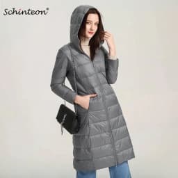Schinteon Women Ultralight White Duck Down Long Jacket with Hood Casual Slim Autumn Winter Outwear 2026 New
