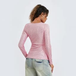 Women Spring Fall Long Sleeve Cropped Tops Sequins Basic T-shirt Casual Pullover for Club Streetwear Aesthetic Clothes