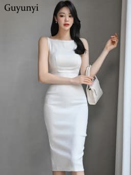 Elegant Office Lady Dress White Summer Slim Fit Korean O-Neck Sleeveless Simplicity Jacquard Style Tight Fitting Dress Women