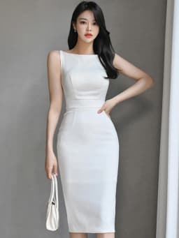 Elegant Office Lady Dress White Summer Slim Fit Korean O-Neck Sleeveless Simplicity Jacquard Style Tight Fitting Dress Women