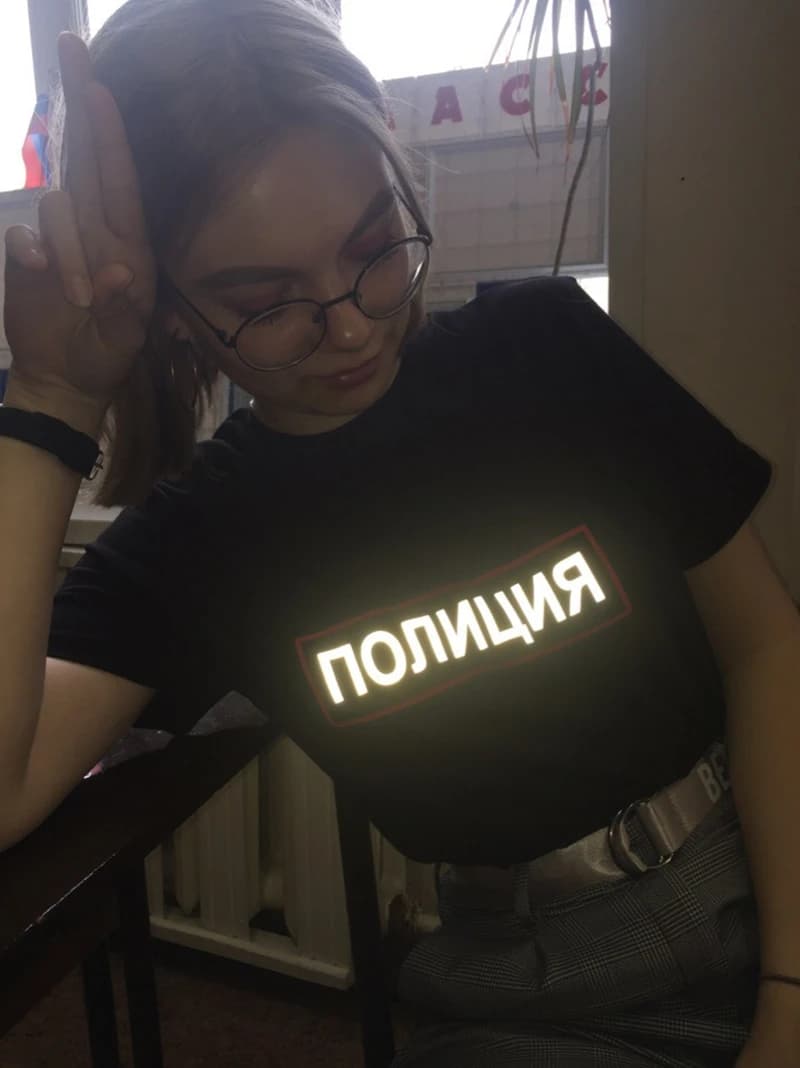 Women's Black T-shirt Vintage Reflective Tee Female Tshirt With Russian Letter Printed ПОЛИЦИЯ Summer Shirt Cotton Top