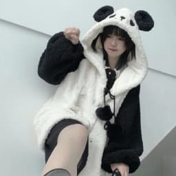 Women Winter Faux Fleece Hoodies Jacket Harajuku Kawaii Cartoon Panda Ears Long Sleeve Sweatshirt Oversized Button Down Plush
