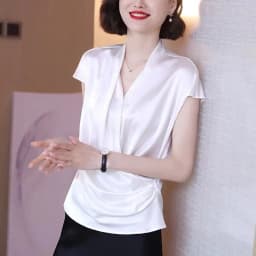 2026 Summer Beautiful Women's Blouses Fashion Chiffon V Neck Women Blouses Satin Office Black Women Elegant Shirts Silk Camisa