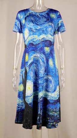 VIP FASHION Summer Short Sleeve Dress Women Van Gogh Star and Moon Night Painting Printed Knee-Length Dress O-Neck Smock Dress