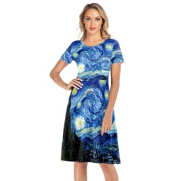VIP FASHION Summer Short Sleeve Dress Women Van Gogh Star and Moon Night Painting Printed Knee-Length Dress O-Neck Smock Dress