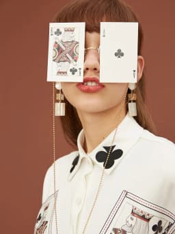 Women's Loose Plum Embroidery Playing Card Printed Shirt, Spring and Autumn Shirt