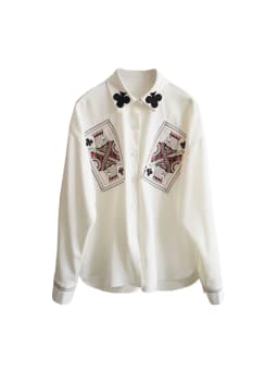 Women's Loose Plum Embroidery Playing Card Printed Shirt, Spring and Autumn Shirt