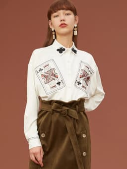 Women's Loose Plum Embroidery Playing Card Printed Shirt, Spring and Autumn Shirt
