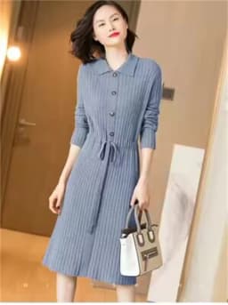 Loose Pullover Sweater Dress Lace-UP 2026 New Spring Size XXXL High-End Turn-Down Collor Long Knitted Dress Women's Autumn Dress