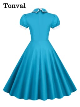 Tonval Peter Pan Collar Puff Sleeve Turquoise Cotton Dresses Women 2026 Elegant Plain Vintage Style Pockets Side Midi Dress