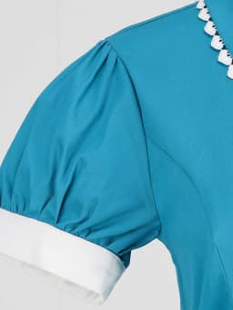 Tonval Peter Pan Collar Puff Sleeve Turquoise Cotton Dresses Women 2026 Elegant Plain Vintage Style Pockets Side Midi Dress