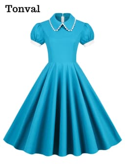 Tonval Peter Pan Collar Puff Sleeve Turquoise Cotton Dresses Women 2026 Elegant Plain Vintage Style Pockets Side Midi Dress