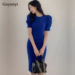 Blue Office Lady Dress 2027 Spring High Waist Pencil Fashion Simple Puff SleeveTemperament Women Elegant Party Dress Women