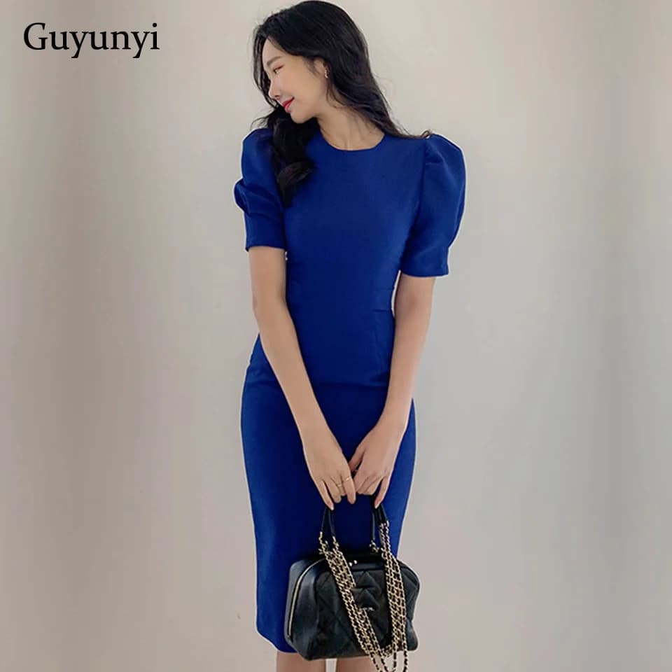 Blue Office Lady Dress 2027 Spring High Waist Pencil Fashion Simple Puff SleeveTemperament Women Elegant Party Dress Women