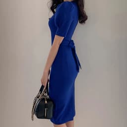 Blue Office Lady Dress 2027 Spring High Waist Pencil Fashion Simple Puff SleeveTemperament Women Elegant Party Dress Women