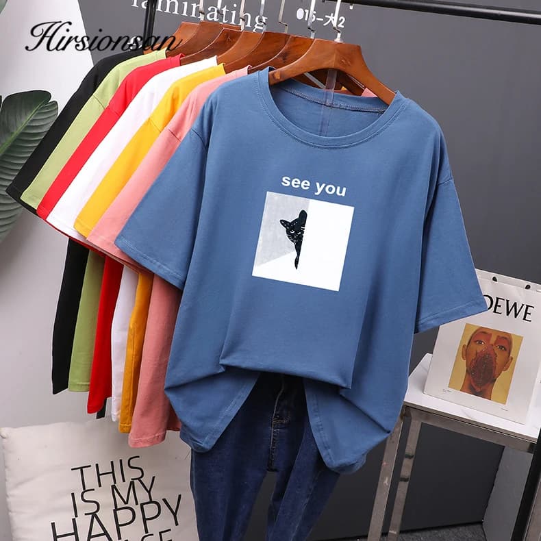 Hirsionsan Cartoon Printed Cotton Summer T Shirts Women Soft Kawaii Loose Tees Female Plus Size Short Sleeve Tops for Lady 2023
