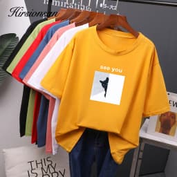 Hirsionsan Cartoon Printed Cotton Summer T Shirts Women Soft Kawaii Loose Tees Female Plus Size Short Sleeve Tops for Lady 2023