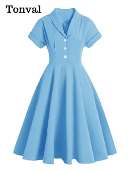Tonval Turn Down Collar Button Up Yellow Elegant Women Summer Dress 1950S Vintage Style Ladies Plain Midi Swing Dresses