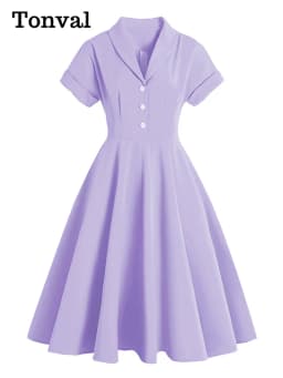 Tonval Turn Down Collar Button Up Yellow Elegant Women Summer Dress 1950S Vintage Style Ladies Plain Midi Swing Dresses