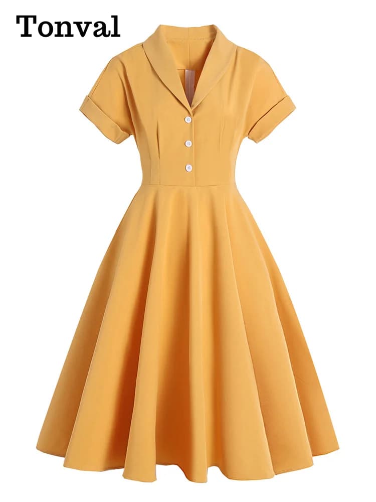 Tonval Turn Down Collar Button Up Yellow Elegant Women Summer Dress 1950S Vintage Style Ladies Plain Midi Swing Dresses