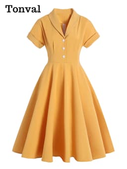 Tonval Turn Down Collar Button Up Yellow Elegant Women Summer Dress 1950S Vintage Style Ladies Plain Midi Swing Dresses