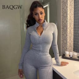 Autum New Two Piece Sets Long Sleeve Zipper Coat and Split Long Pants Women Tracksuit Casual Workout Sportswear Gray Sweatsuit