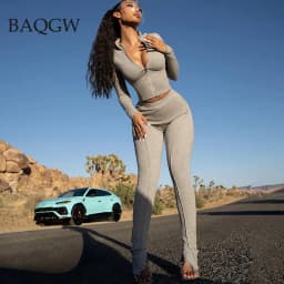 Autum New Two Piece Sets Long Sleeve Zipper Coat and Split Long Pants Women Tracksuit Casual Workout Sportswear Gray Sweatsuit