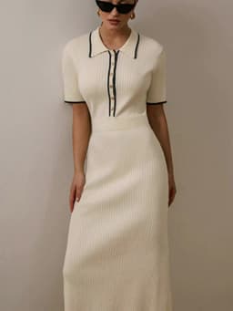 Women's White Knit Maxi Dress Elegant Short Sleeve Patchwork Bodycon Party Dress Casual Lapel High Waist Fashion Autumn Knitwear