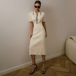 Women's White Knit Maxi Dress Elegant Short Sleeve Patchwork Bodycon Party Dress Casual Lapel High Waist Fashion Autumn Knitwear