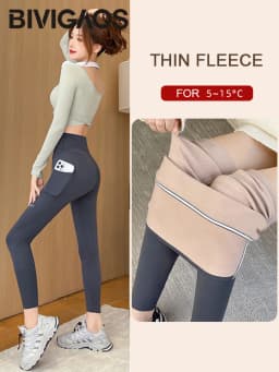 BIVIGAOS Autumn Winter Pocket Phone Shark Leggings Women High Waist Slim-Fit Sport Fitness Leggings Warm Fleece Leggings