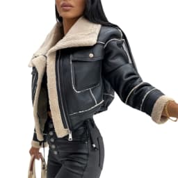 Women PU Patchwork Warm Plush Jacket Fashion Winter Long Sleeve Zipper Short Coats Streetwear with Pockets Outwear