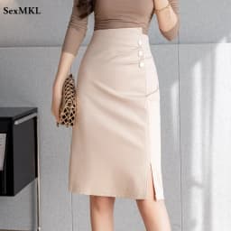 Elegant Mid Length Summer Skirts Women 2026 Korean Fashion High Waist Button Faldas Mujer OL Workwear Office Bodycon Black Skirt