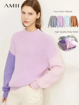 AMII Minimalism Sweaters Women 2024 Autumn Street Wear Spliced Knitted Top Drop Sleeve Loose Full Pullovers Sweaters 12344144