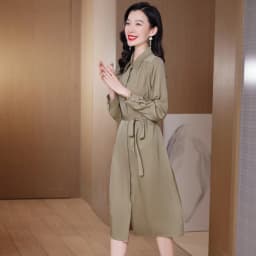 Birdtree 91.2% Real Silk Elegant Shirt Dresses Solid Turn-down Collar Long Sleeve Lace-up A-Line Dress Office Lady D30361QM