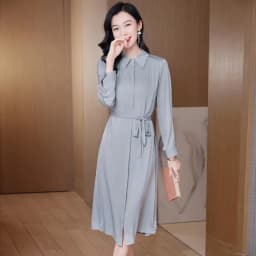 Birdtree 91.2% Real Silk Elegant Shirt Dresses Solid Turn-down Collar Long Sleeve Lace-up A-Line Dress Office Lady D30361QM